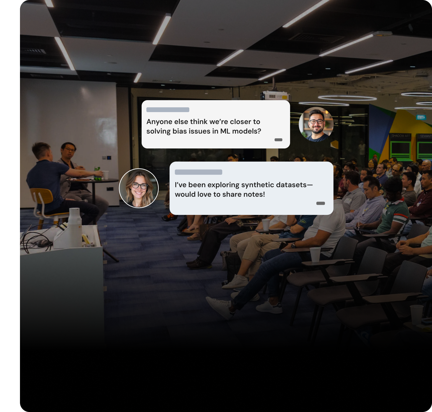 Interactive Key.ai community discussion overlaying a tech conference, showcasing user avatars and chat bubbles about solving bias in ML models and exploring synthetic datasets.